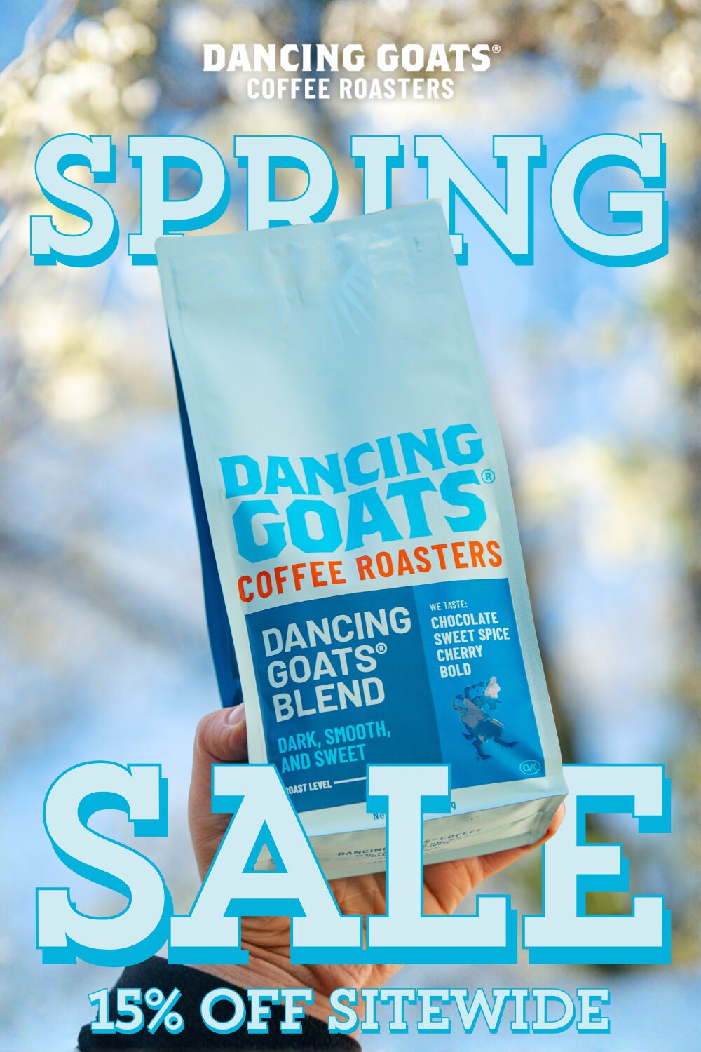 dancing goats coffee roasters logo. spring sale. dancing goats coffee bag on floral backdrop